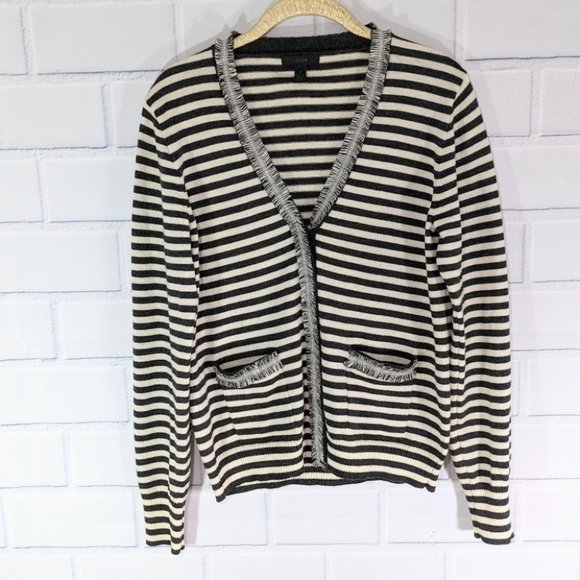 J. Crew Sweaters J Crew Graywhite Striped Wool Cardigan Fringe Trim Poshmark
